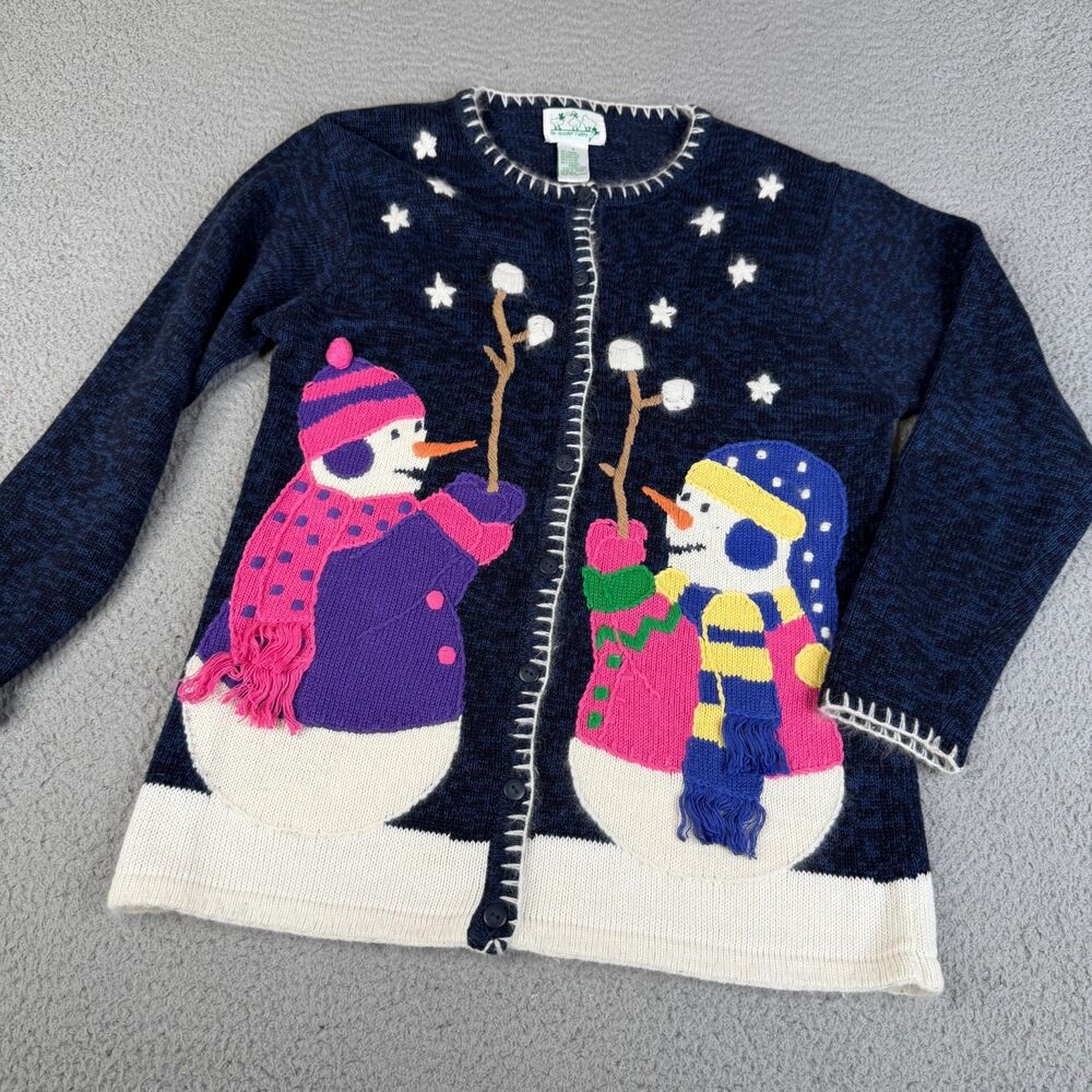 CHRISTMAS SWEATER Womens S Blue Snowman Holiday Quacker Factory Cardigan Angora